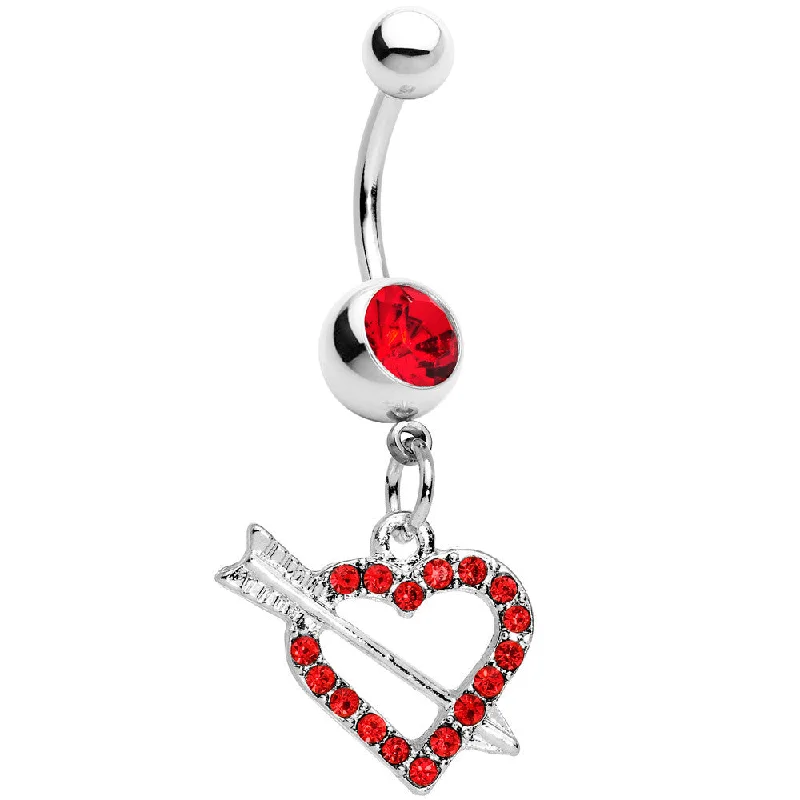 Designer Belly Rings with Stunning Detailing -Red Paved Impaled Heart Dangle Belly Ring Designer Belly Rings with Stunning Detailing -Red Paved Impaled Heart Dangle Belly Ring