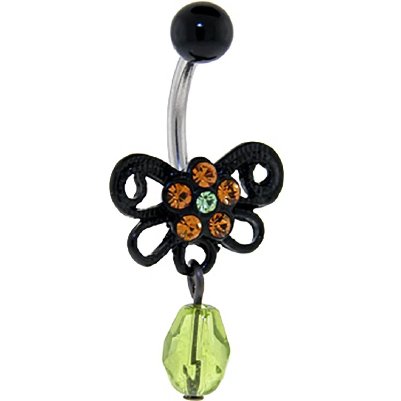 Beautiful Belly Rings for Everyday Glam -Jet Black BUTTERFLY Gem Dangle Belly Ring