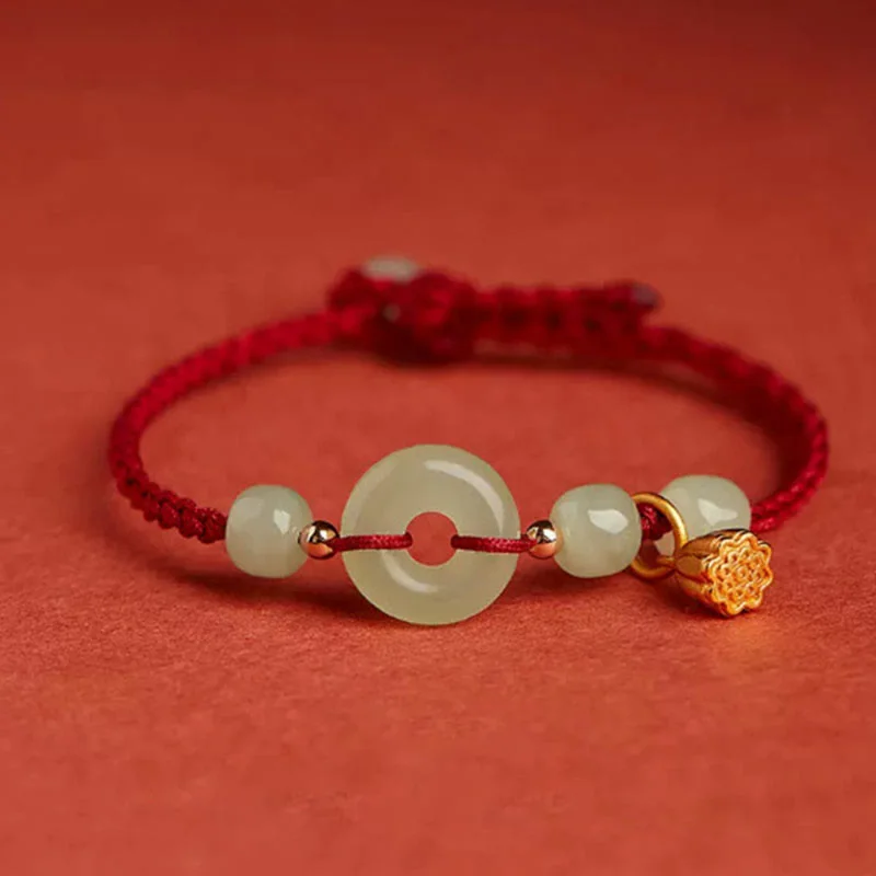 Simple Silver Bangles for Women-Buddha Stones Round Peace Buckle Jade Lotus Happiness Abundance Wealth String Bracelet