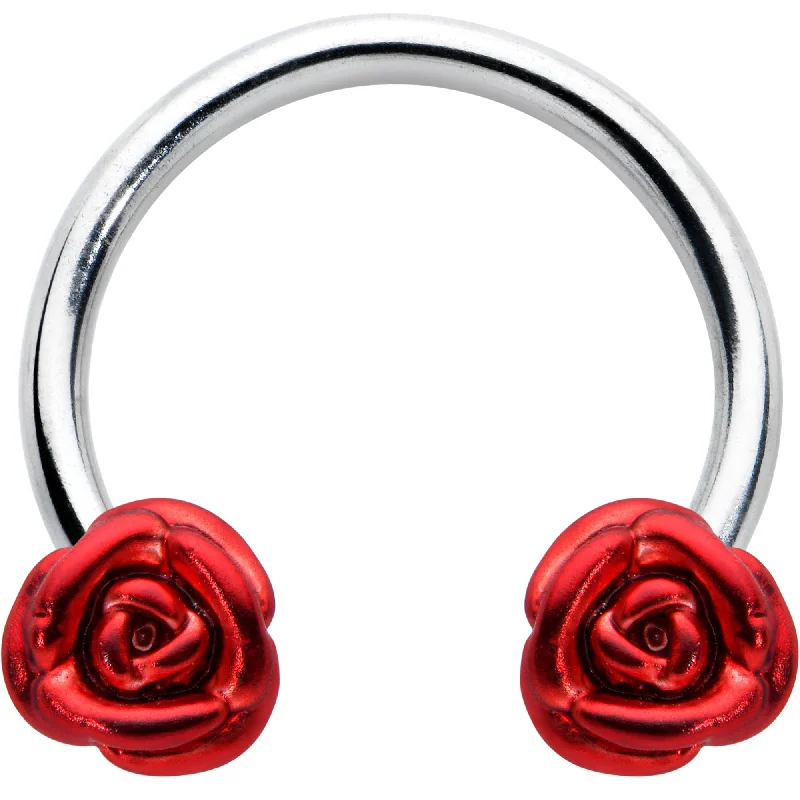Women's Earrings – Elegant Designs for Every Personality--16 Gauge 3/8 Blooming Red Rose Flower Horseshoe Circular Barbell