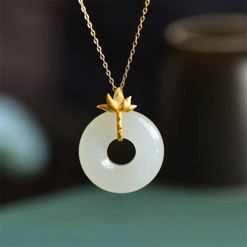 Shop Classic Women's  Necklaces & Pendants with a Modern Twist-Buddha Stones White Jade Lotus Harmony Necklace Pendant
