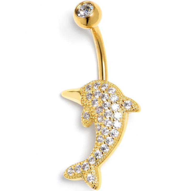 Beautiful Belly Rings for Fashion-Forward Women -Clear CZ Gem Gold Tone Deluxe Dolphin Belly Ring Beautiful Belly Rings for Fashion-Forward Women -Clear CZ Gem Gold Tone Deluxe Dolphin Belly Ring