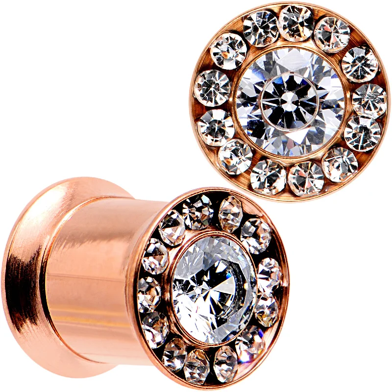 Women's Earrings – Elegant Designs for Every Personality--0 Gauge Clear CZ Gem Rose Gold PVD Goddess of Glam Screw Fit Plug Set