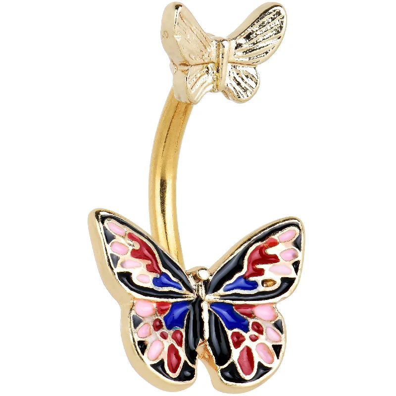 Trendy Belly Rings for Bold Fashion Statements -Gold Tone Colorful Butterfly Pair Red Blue Double Mount Belly Ring Trendy Belly Rings for Bold Fashion Statements -Gold Tone Colorful Butterfly Pair Red Blue Double Mount Belly Ring