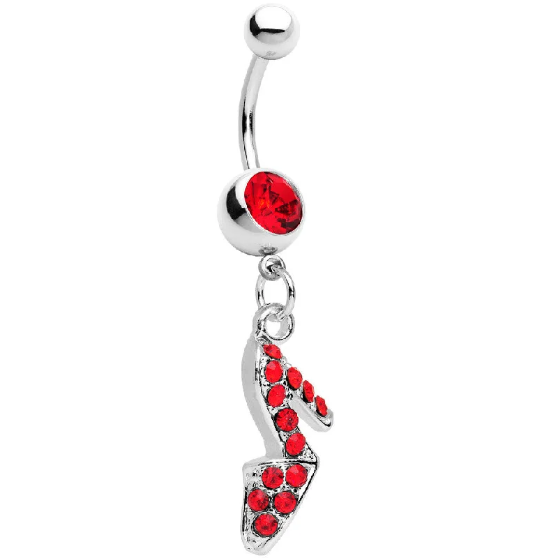 Trendy Belly Rings for Bold Style -Red Gem Paved High Heel Shoe Dangle Belly Ring