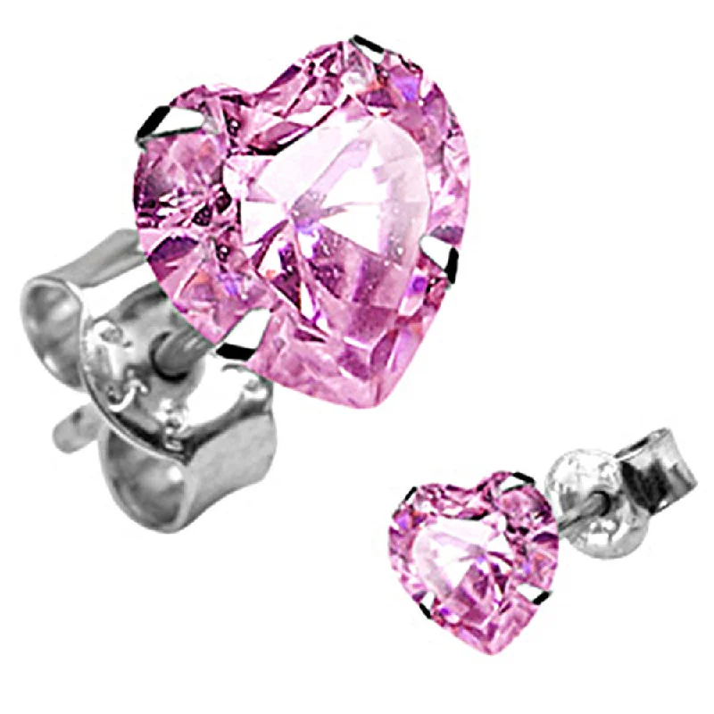 Women's Earrings – Elegant Designs for Every Personality--925 Sterling Silver Pink CZ Heart Stud Earrings