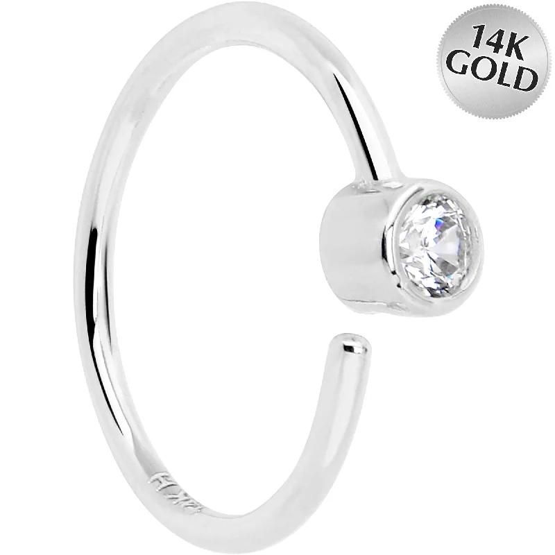Nose Rings for Beautiful Styling -14k Solid White Gold Bendable Nose Hoop 220 Gauge 5/16 with 2mm Bezel CZ Nose Rings for Beautiful Styling -14k Solid White Gold Bendable Nose Hoop 220 Gauge 5/16 with 2mm Bezel CZ