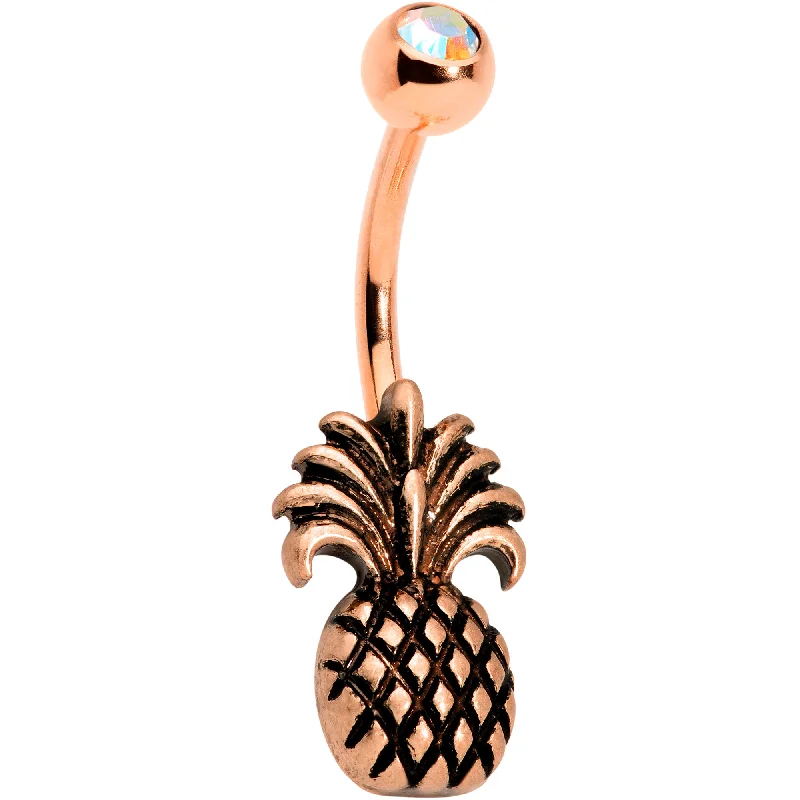 Sparkling Belly Rings with Radiant Stones -Clear Gem Rose Gold PVD Tropical Pineapple Pizzazz Belly Ring Sparkling Belly Rings with Radiant Stones -Clear Gem Rose Gold PVD Tropical Pineapple Pizzazz Belly Ring