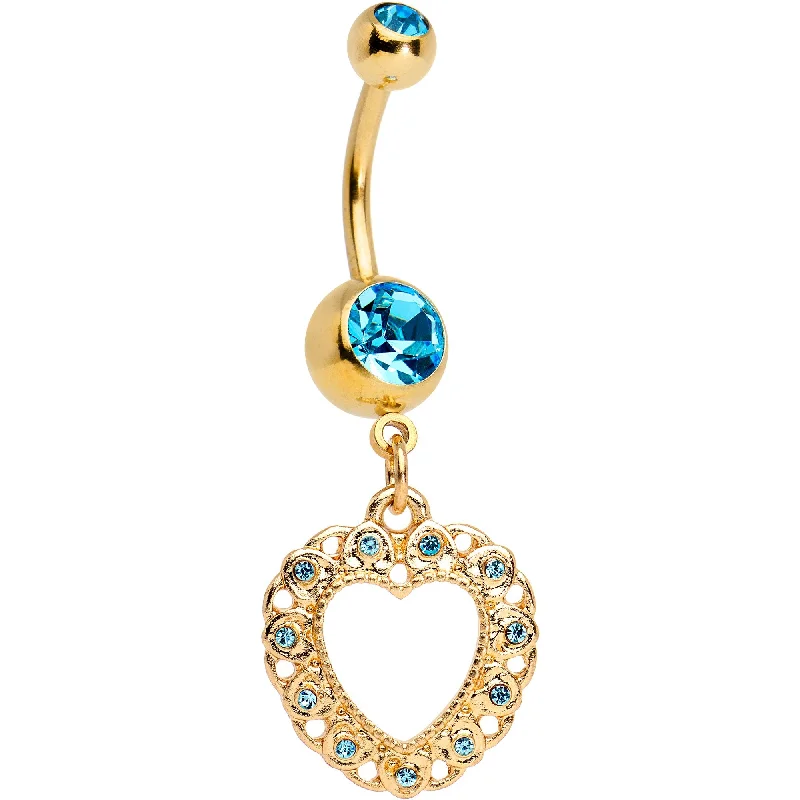 Unique Belly Rings with Sparkling Details -Aqua Gem Gold Tone Anodized Lacey Hollow Heart Dangle Belly Ring Unique Belly Rings with Sparkling Details -Aqua Gem Gold Tone Anodized Lacey Hollow Heart Dangle Belly Ring