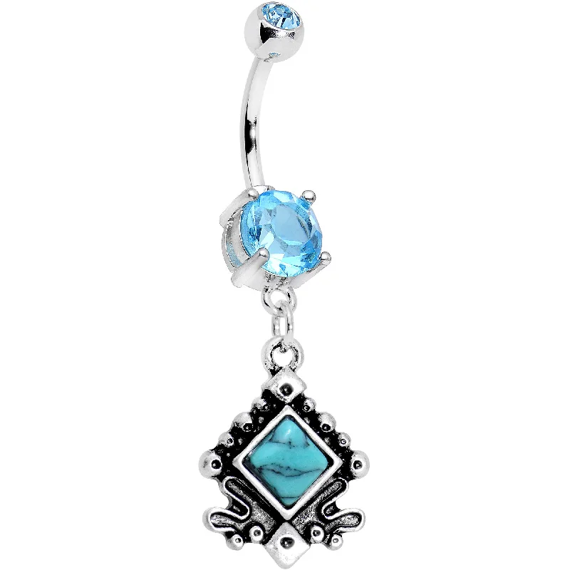 Designer Belly Rings for Stunning Style -Clear Gem Faux Turquoise Elegantly Etched Dangle Belly Ring Designer Belly Rings for Stunning Style -Clear Gem Faux Turquoise Elegantly Etched Dangle Belly Ring