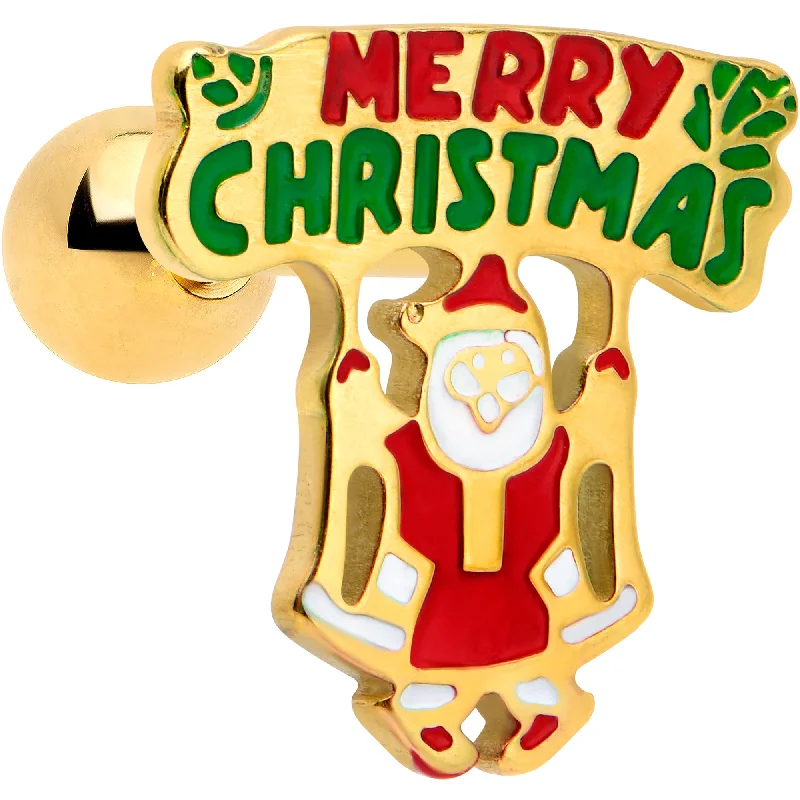 Women's Earrings – Elegant Designs for Every Personality--16 Gauge 1/4 Gold Tone Merry Christmas Santa Inlay Cartilage Earring