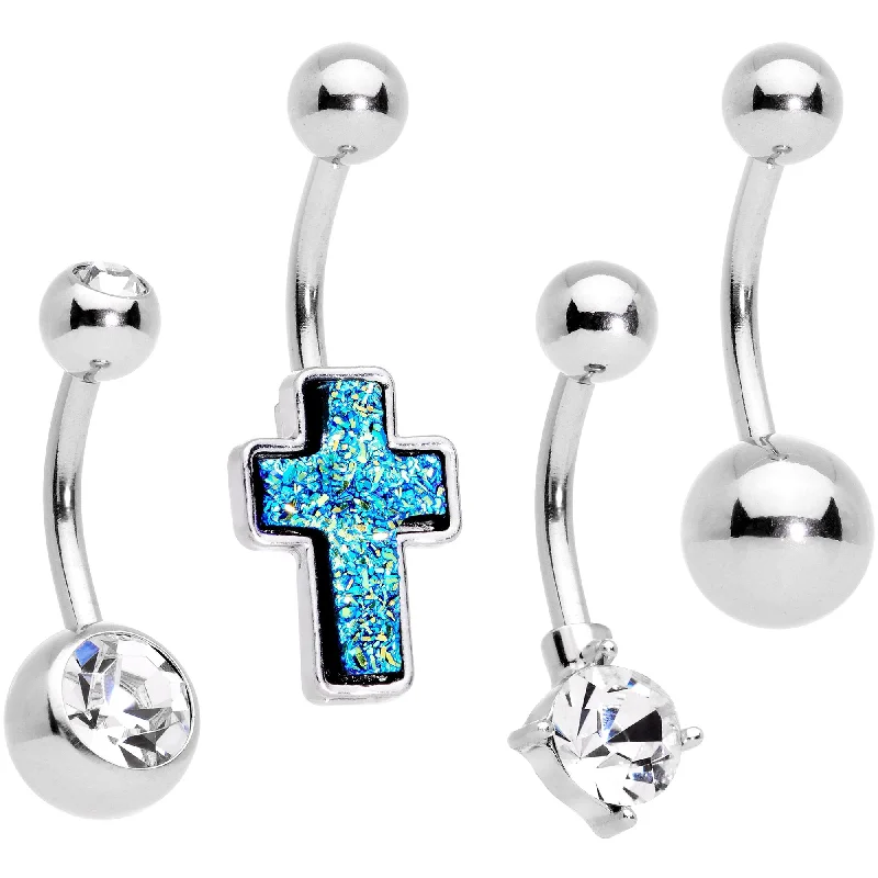 Custom Belly Rings for Exclusive Appeal -Clear Gem Blue Faux Druzy Cross Belly Ring Set of 4