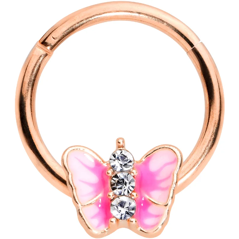 Trendy Lip Rings for Stylish Piercings16 Gauge 3/8 Clear Gem Rose Gold Tone Pink Butterfly Septum Ring