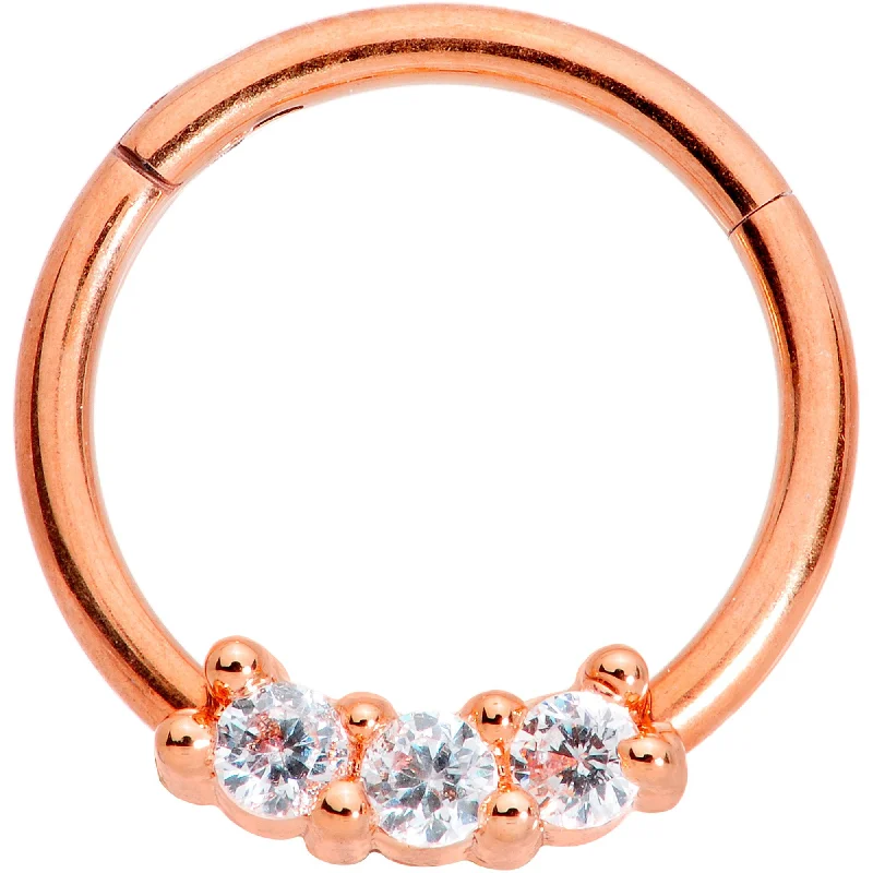 Nose Rings for Piercing Style -16 Gauge 3/8 Clear CZ Gem Rose Gold Tone Trio Hinged Segment Ring Nose Rings for Piercing Style -16 Gauge 3/8 Clear CZ Gem Rose Gold Tone Trio Hinged Segment Ring