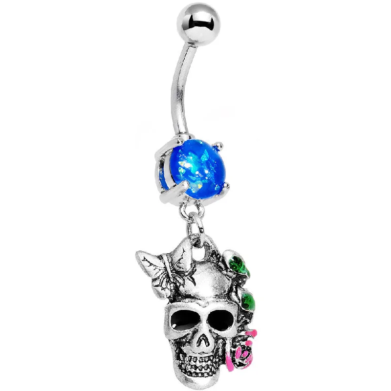 Comfortable Belly Rings for Fashion-Loving Women -Blue Faux Opal Beautiful Butterfly Rose Flower Skull Dangle Belly Ring Comfortable Belly Rings for Fashion-Loving Women -Blue Faux Opal Beautiful Butterfly Rose Flower Skull Dangle Belly Ring