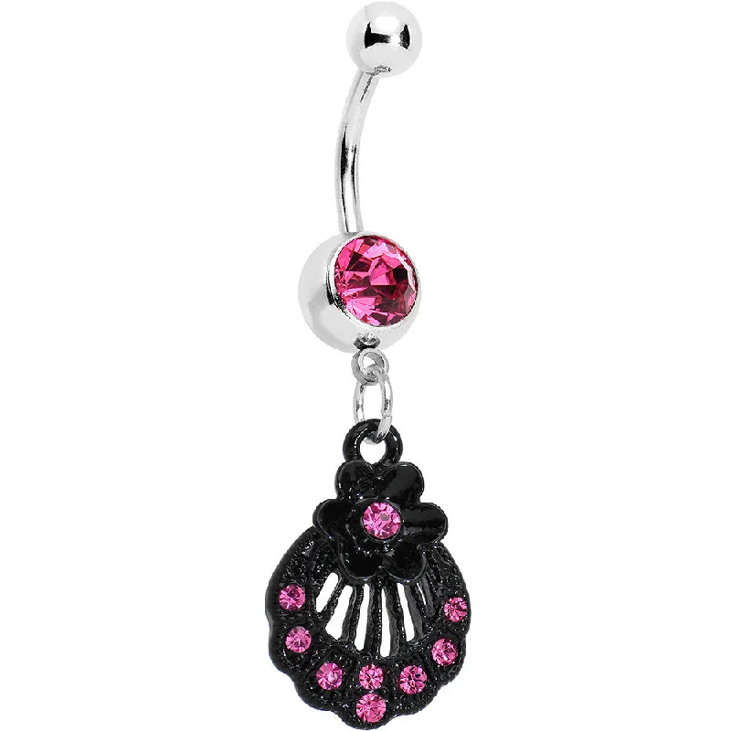Belly Rings for Bold Fashion Choices -Pink Czech Stone Black Floral Seashell Dangle Belly Ring Belly Rings for Bold Fashion Choices -Pink Czech Stone Black Floral Seashell Dangle Belly Ring