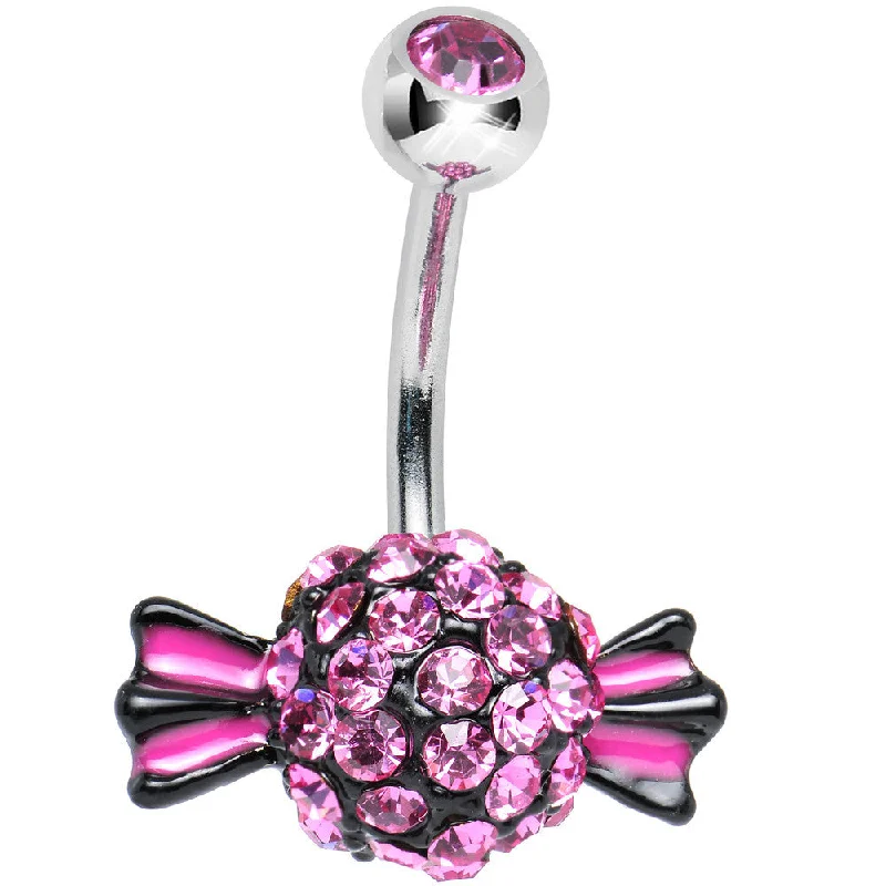 Unique Belly Rings with Sparkling Details -Crystalline Gem Paved Pink and Black Piece of Candy Belly Ring Unique Belly Rings with Sparkling Details -Crystalline Gem Paved Pink and Black Piece of Candy Belly Ring