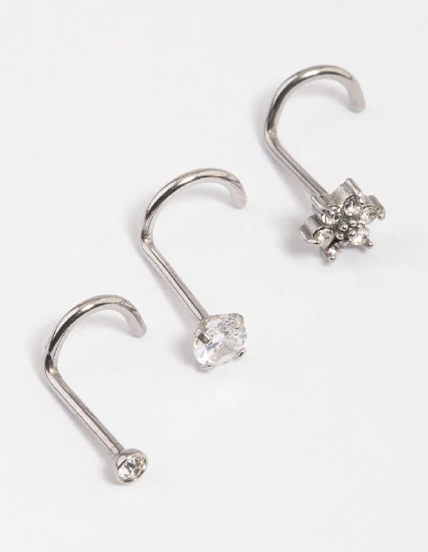 Nose Rings with Amethyst Stones -Surgical Steel Flower Nose Pack