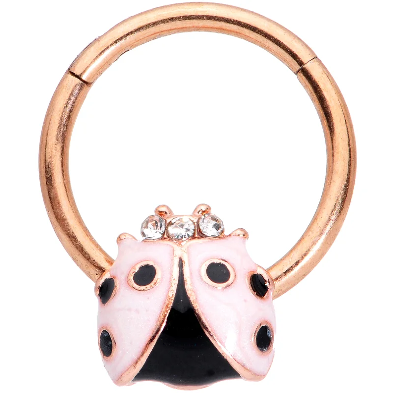 Nose Rings for Pierced Ears -16 Gauge 3/8 Clear Gem Rose Gold Tone Lil Ladybug Hinged Segment Ring Nose Rings for Pierced Ears -16 Gauge 3/8 Clear Gem Rose Gold Tone Lil Ladybug Hinged Segment Ring