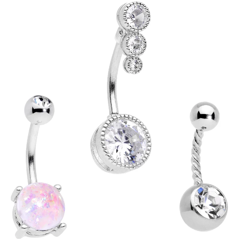 Unique Belly Rings for Bold Look -Clear Gem White Faux Opal Twisted Belly Ring Set of 3 Unique Belly Rings for Bold Look -Clear Gem White Faux Opal Twisted Belly Ring Set of 3