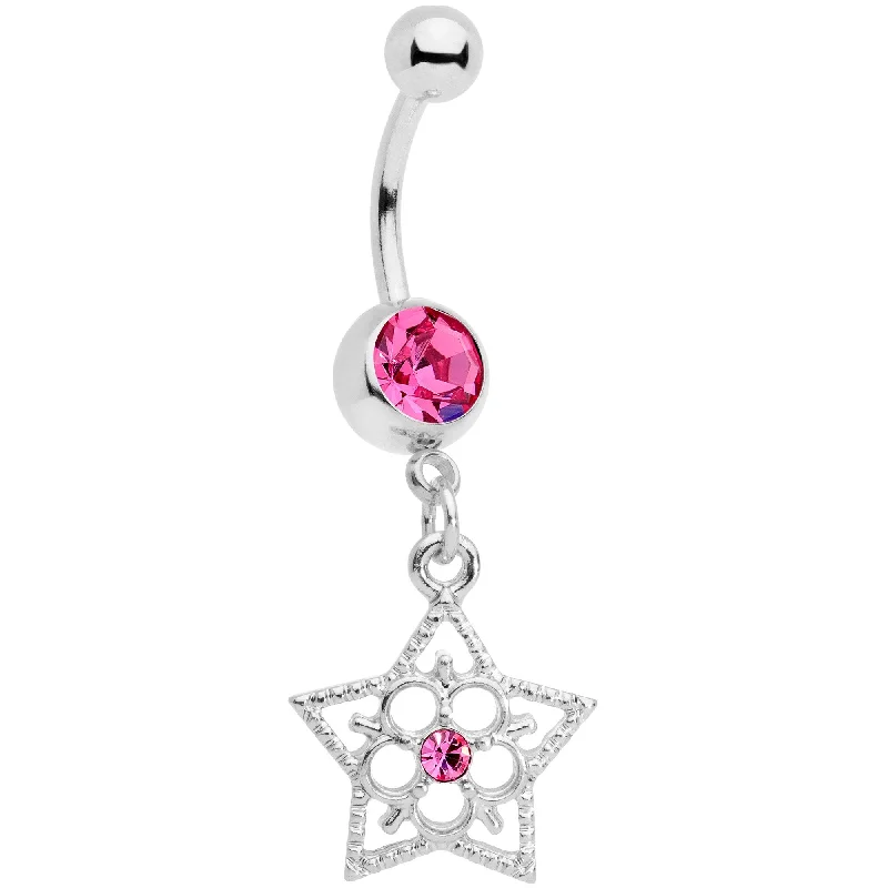 Beautiful Belly Rings for Dazzling Effect -Pink Gem Star and Snow Flower Dangle Belly Ring Beautiful Belly Rings for Dazzling Effect -Pink Gem Star and Snow Flower Dangle Belly Ring