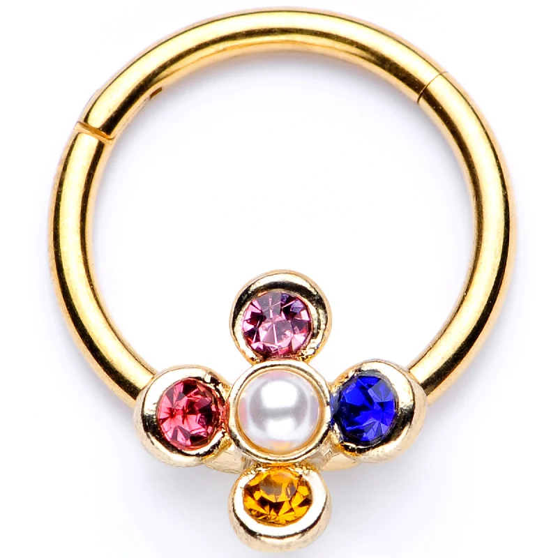 Nose Rings for All Ages -16 Gauge 3/8 Pink Blue Gem Gold Tone Hinged Segment Ring