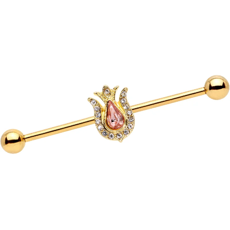 Women's Earrings – Elegant Designs for Every Personality--14 Gauge Pink Clear Gem Gold Tone Tulip Flower Industrial Barbell 38mm