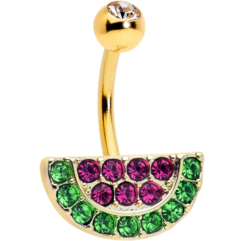 Designer Belly Rings for Fashion-Forward Women -Pink Green Gem Gold Tone Watermelon Yum Belly Ring Designer Belly Rings for Fashion-Forward Women -Pink Green Gem Gold Tone Watermelon Yum Belly Ring