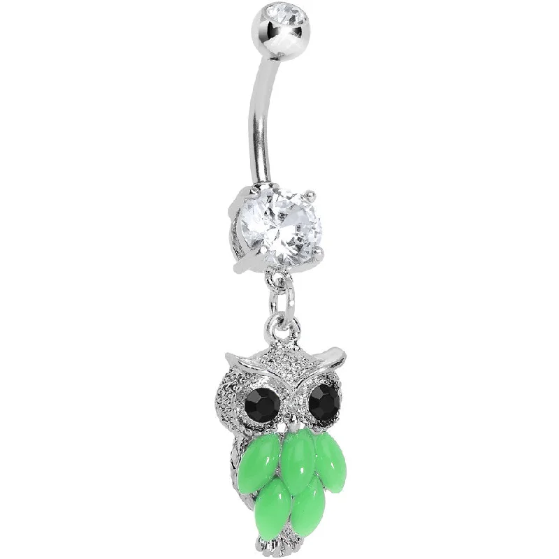 Comfortable Belly Rings with Elegant Touch -Crystalline Gem Green Neon Owl Dangle Belly Ring Comfortable Belly Rings with Elegant Touch -Crystalline Gem Green Neon Owl Dangle Belly Ring