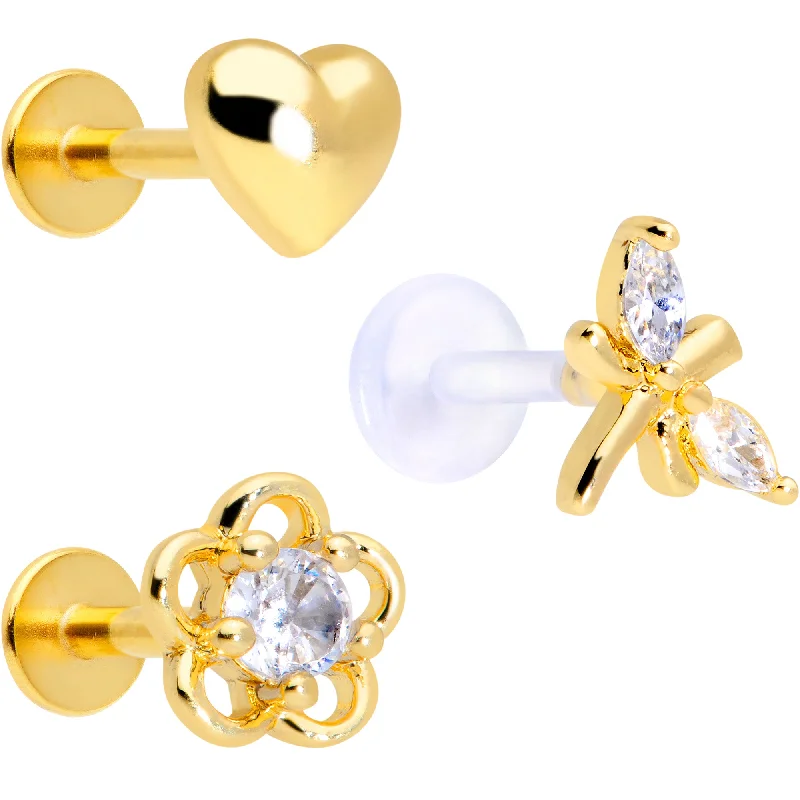 Lip Rings with Personalized Touch16 Gauge 5/16 Clear CZ Gem Gold Tone Heart Labret Tragus Set of 3 Lip Rings with Personalized Touch16 Gauge 5/16 Clear CZ Gem Gold Tone Heart Labret Tragus Set of 3