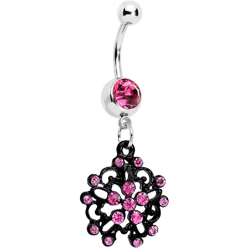 Comfortable Belly Rings with Modern Appeal -Pink Czech Stone Black Intricate Snowflake Dangle Belly Ring Comfortable Belly Rings with Modern Appeal -Pink Czech Stone Black Intricate Snowflake Dangle Belly Ring