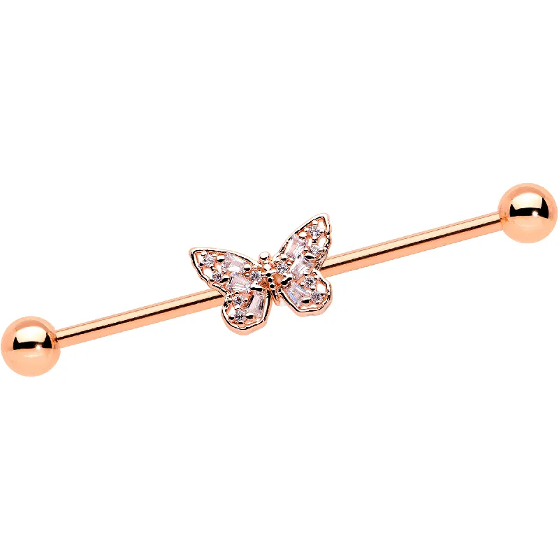 Women's Earrings – Elegant Designs for Every Personality--14 Gauge Clear Gem Rosy Tone Baroque Butterfly Industrial Barbell 38mm