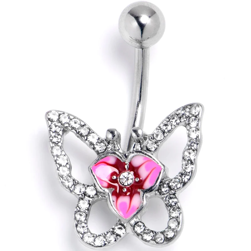Stylish Belly Rings with Vibrant Colors -Clear Gem Fabulous Butterfly Pink Belly Ring Stylish Belly Rings with Vibrant Colors -Clear Gem Fabulous Butterfly Pink Belly Ring