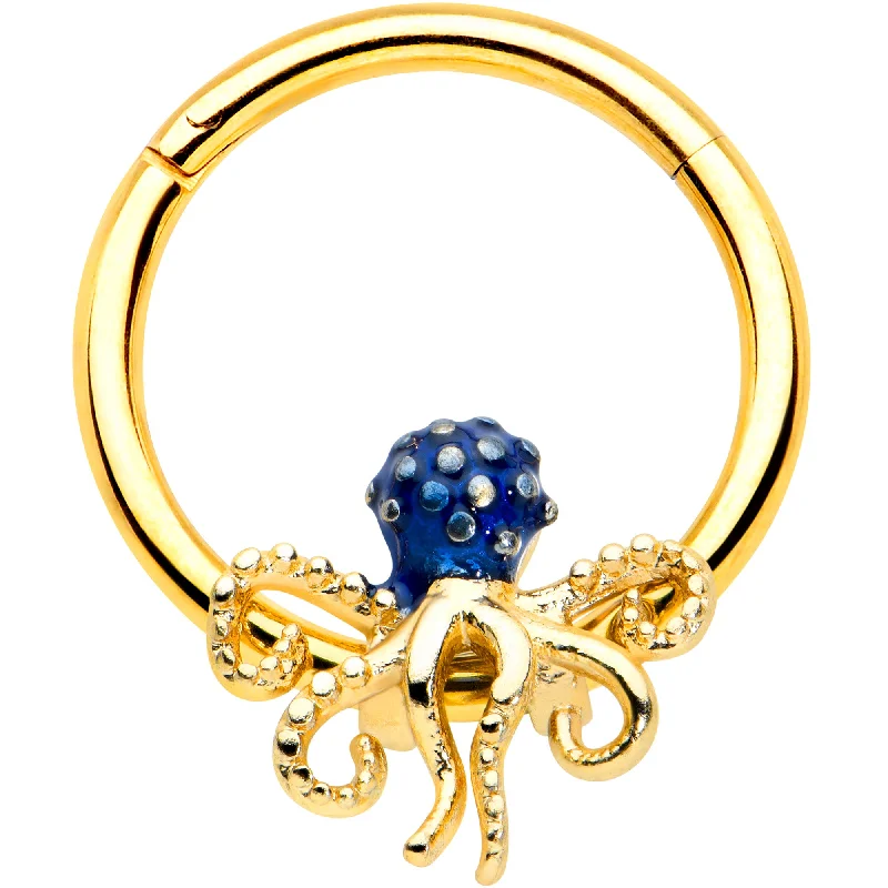 Nose Rings for Every Occasion -16 Gauge 3/8 Gold Tone Textured Blue Octopus Hinged Segment Ring Nose Rings for Every Occasion -16 Gauge 3/8 Gold Tone Textured Blue Octopus Hinged Segment Ring