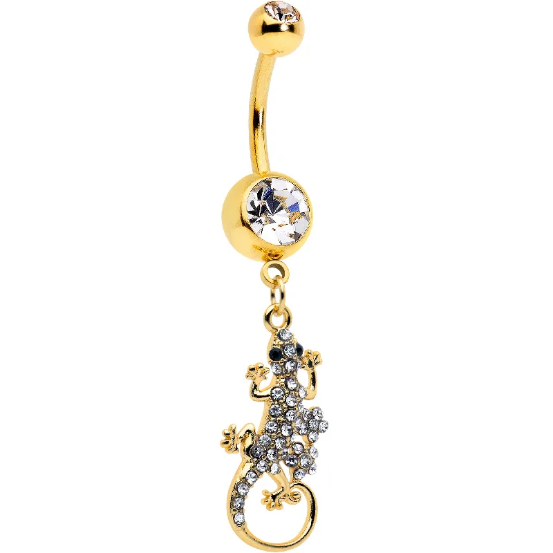 Comfortable Belly Rings with Modern Appeal -Clear Gem Gold Tone Luscious Lizard Dangle Belly Ring Comfortable Belly Rings with Modern Appeal -Clear Gem Gold Tone Luscious Lizard Dangle Belly Ring