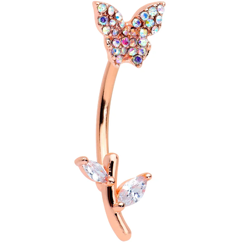 Women's Earrings – Elegant Designs for Every Personality--Aurora CZ Gem Rose Gold Tone Butterfly Branch Top Mount Belly Ring