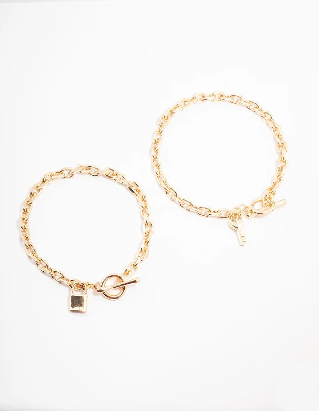 Classic Round Bangles for Women-Gold Chunky Lock & Key Charm Bracelet Pack