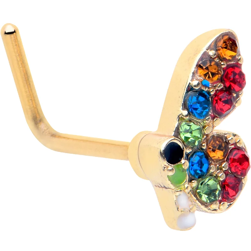 Tiny Nose Rings -20 Gauge 7mm Red Blue Gem Gold Tone Butterfly L Shape Nose Ring