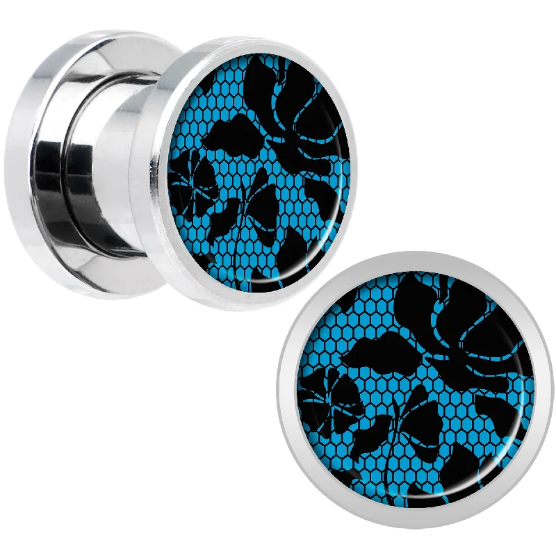 Women's Earrings – Elegant Designs for Every Personality--Blue Floral Lace Steel Screw Fit Plug Set 0 Gauge