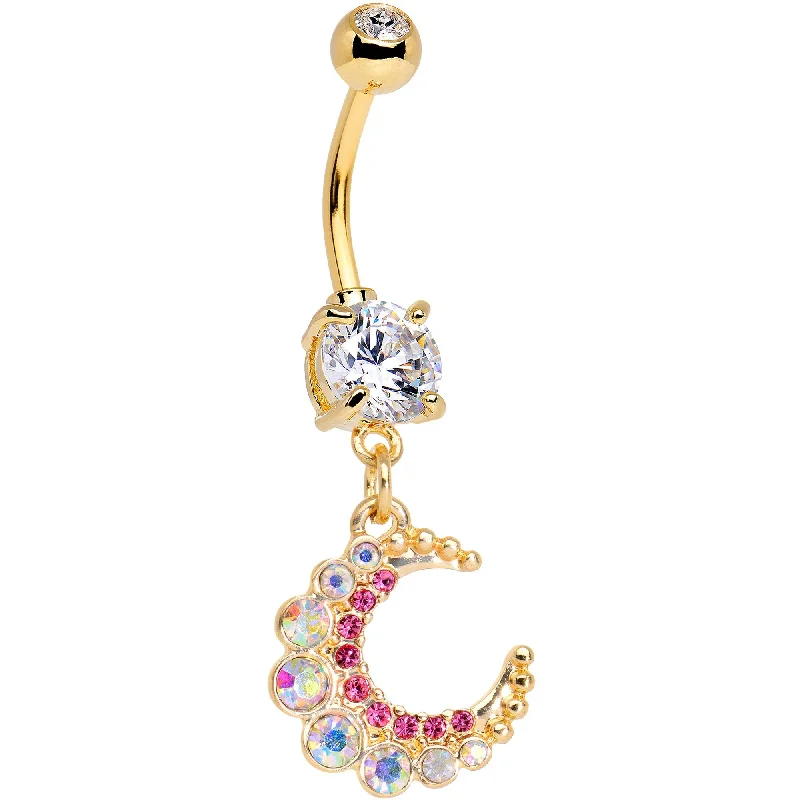 Chic Belly Rings for Stylish Looks -Pink Gem Encrusted Gold Tone Anodized Crescent Moon Dangle Belly Ring Chic Belly Rings for Stylish Looks -Pink Gem Encrusted Gold Tone Anodized Crescent Moon Dangle Belly Ring