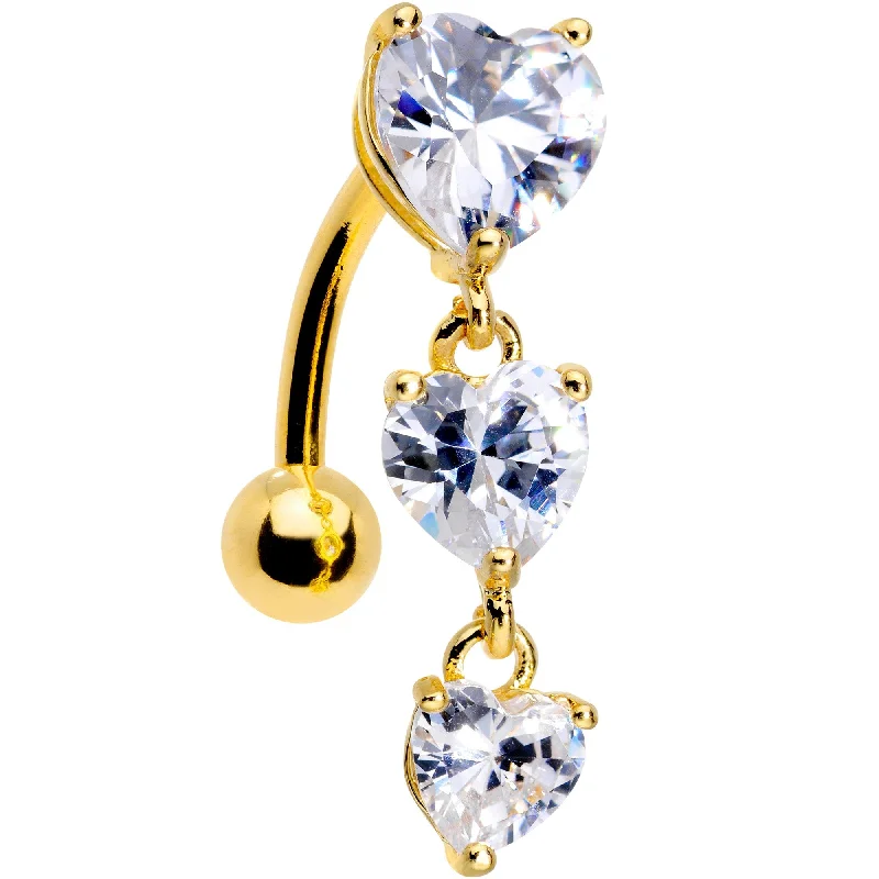 Designer Belly Rings for Bold Looks -Clear CZ Gem Gold Plated Tri Heart Top Mount Dangle Belly Ring Designer Belly Rings for Bold Looks -Clear CZ Gem Gold Plated Tri Heart Top Mount Dangle Belly Ring