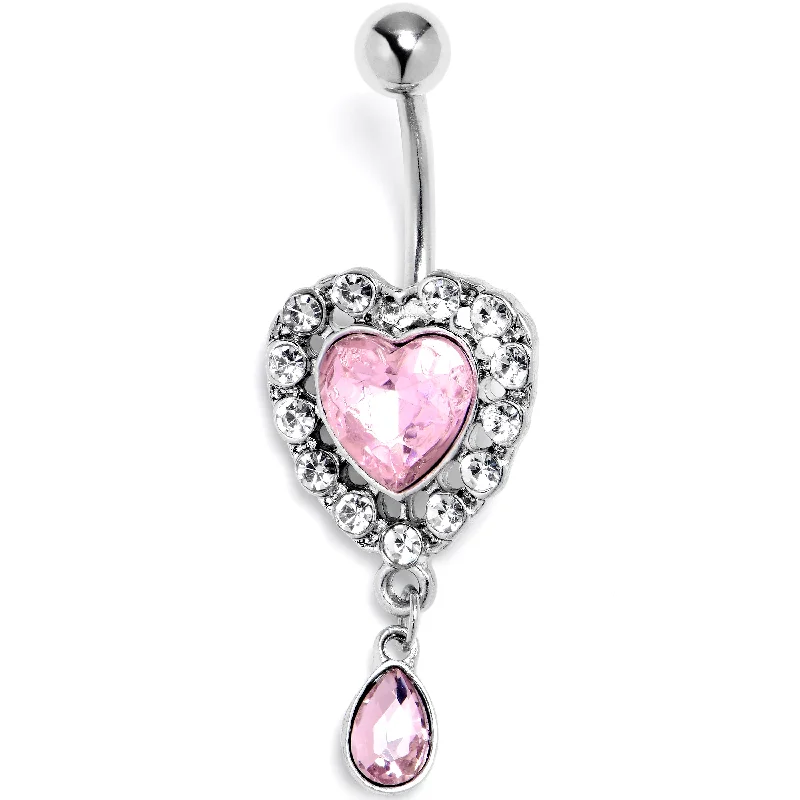 Elegant Belly Rings with Modern Touch -Pink Clear Gem Double Heart Drama Dangle Belly Ring