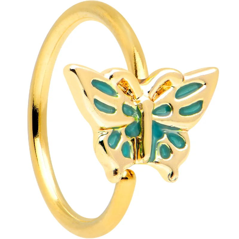 Trendy Nose Rings for Fun Looks -20 Gauge 5/16 Gold Tone Green Inlay Butterfly Nose Hoop Trendy Nose Rings for Fun Looks -20 Gauge 5/16 Gold Tone Green Inlay Butterfly Nose Hoop