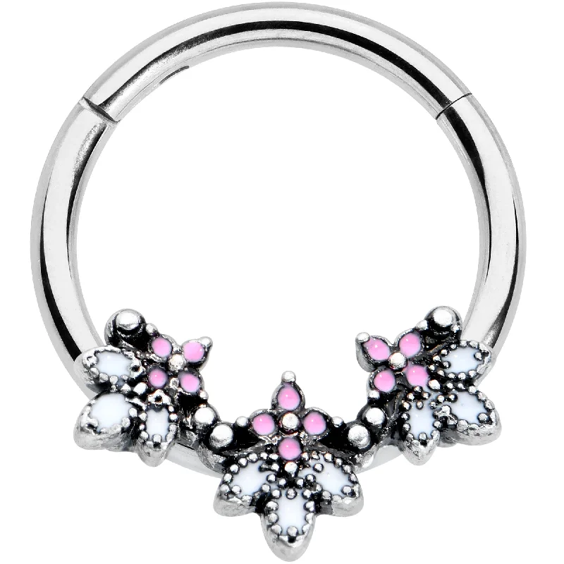 Nose Rings with Natural Stones -16 Gauge 3/8 Pink White Abstract Leaf Hinged Segment Ring Nose Rings with Natural Stones -16 Gauge 3/8 Pink White Abstract Leaf Hinged Segment Ring