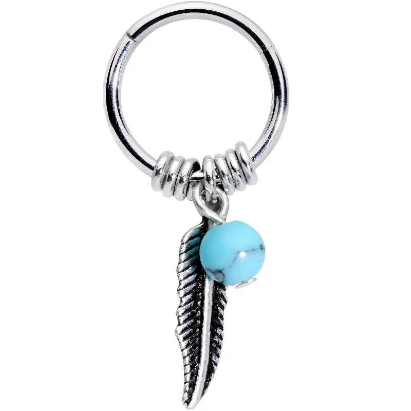 Elegant Nose Rings with Gemstone Finishes -16 Gauge 3/8 Southwest Blue Bead Feather Hinged Dangle Segment Ring Elegant Nose Rings with Gemstone Finishes -16 Gauge 3/8 Southwest Blue Bead Feather Hinged Dangle Segment Ring