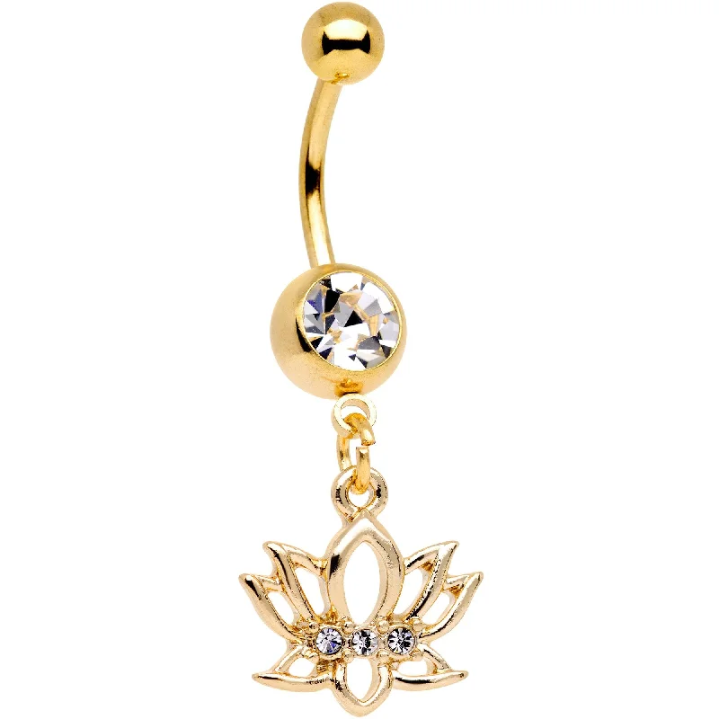 Comfortable Belly Rings for Chic Comfort -Clear Gem Gold Tone Luck Be a Lotus Flower Dangle Belly Ring Comfortable Belly Rings for Chic Comfort -Clear Gem Gold Tone Luck Be a Lotus Flower Dangle Belly Ring
