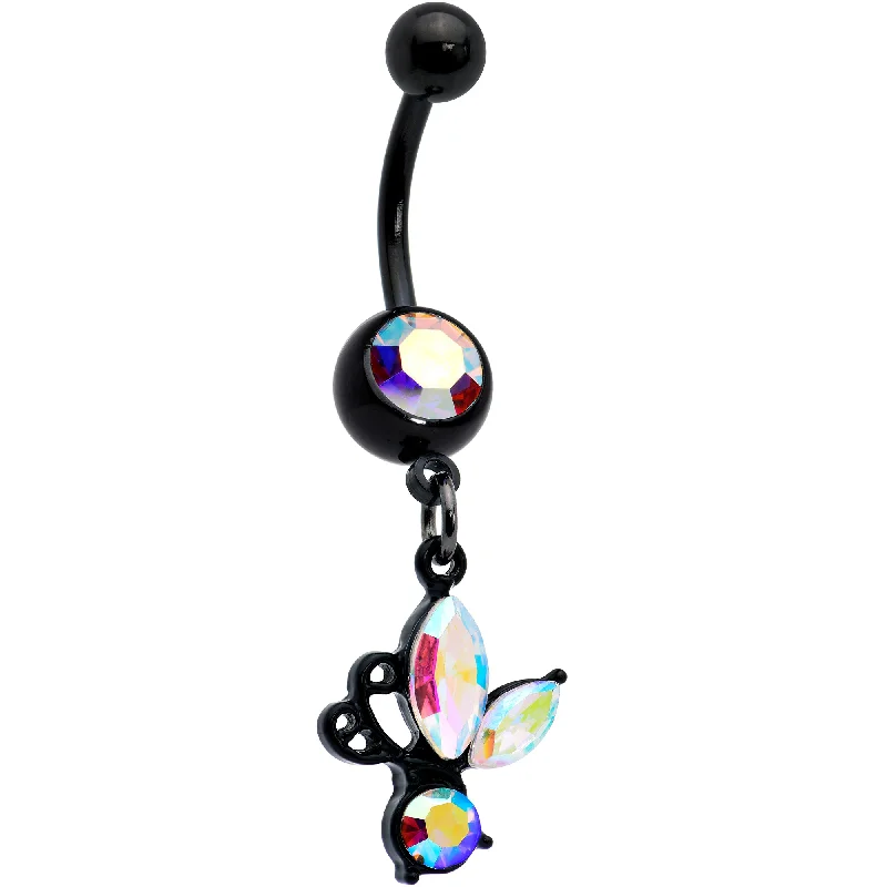 Sparkling Belly Rings for Extra Glamour -Aurora Gem Black Fleur de Lis Butterfly Dangle Belly Ring Sparkling Belly Rings for Extra Glamour -Aurora Gem Black Fleur de Lis Butterfly Dangle Belly Ring