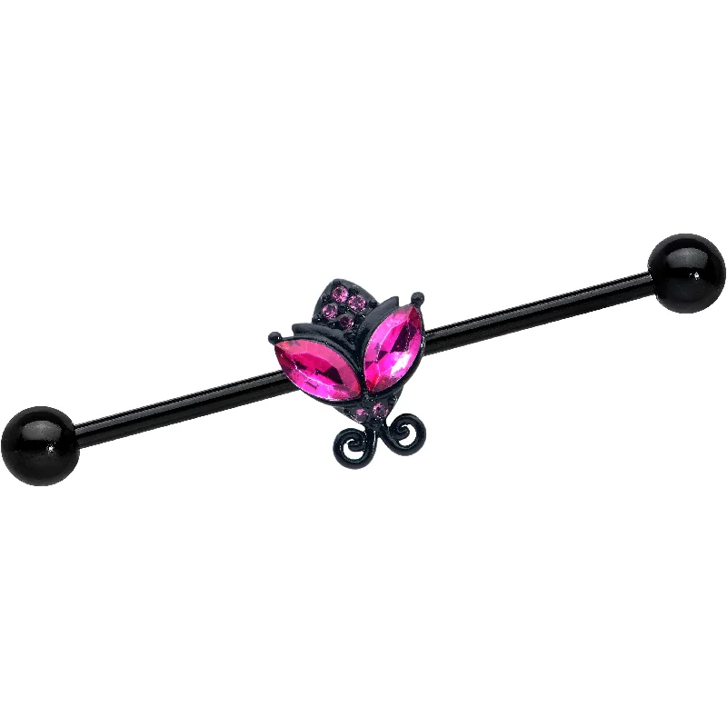 Women's Earrings – Elegant Designs for Every Personality--14 Gauge Pink Gem Black Night Butterfly Industrial Barbell 38mm