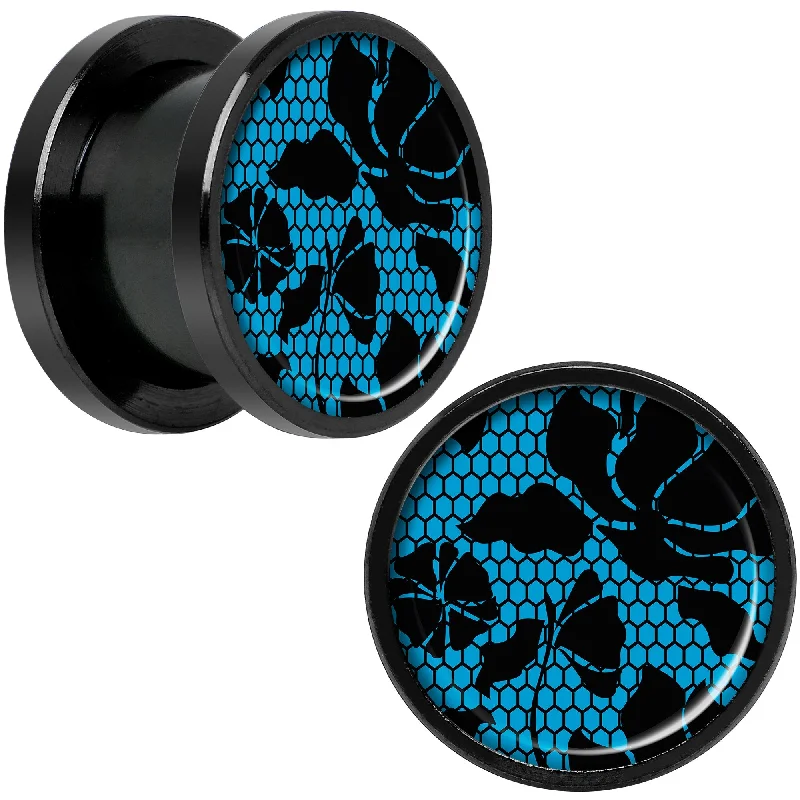 Women's Earrings – Elegant Designs for Every Personality--Blue Floral Lace Black Anodized Screw Fit Plug Set 1/2 Women's Earrings – Elegant Designs for Every Personality--Blue Floral Lace Black Anodized Screw Fit Plug Set 1/2