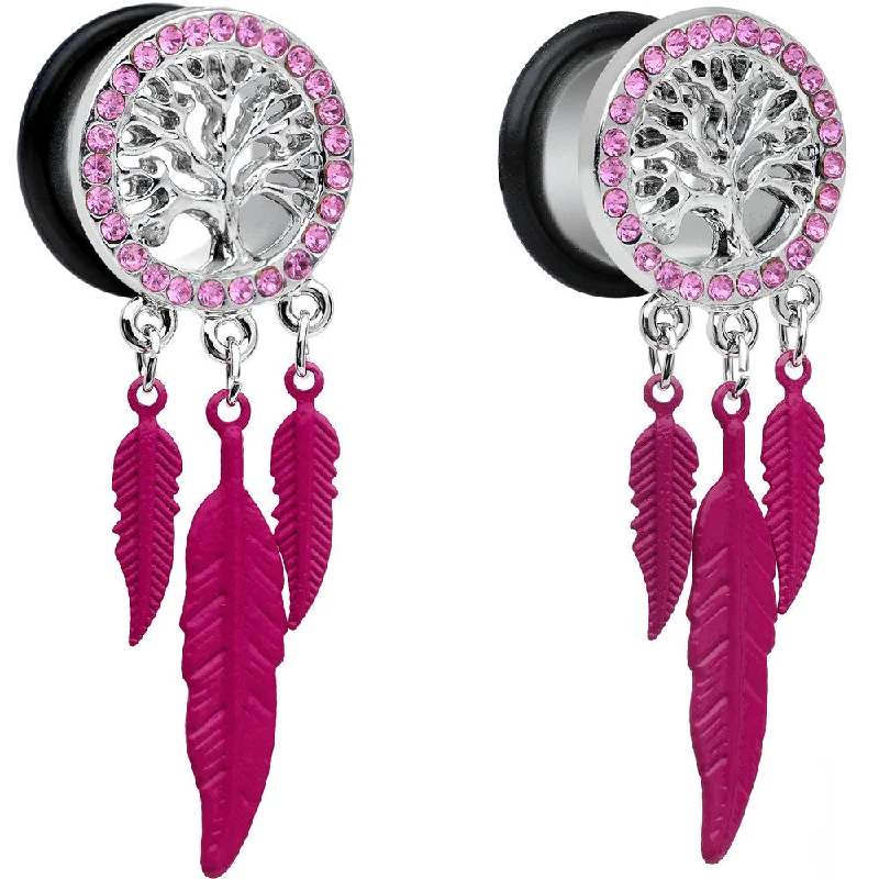 Women's Earrings – Elegant Designs for Every Personality--9/16 Pink Gem Steel Single Flare Tree of Life Dangle Plug Set Women's Earrings – Elegant Designs for Every Personality--9/16 Pink Gem Steel Single Flare Tree of Life Dangle Plug Set
